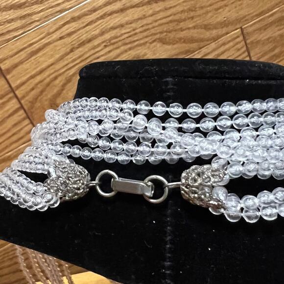 Vtg Flapper Beautiful Clear Layered Multi Strand Beaded Necklace Fold Clasp MCM - Picture 2 of 6